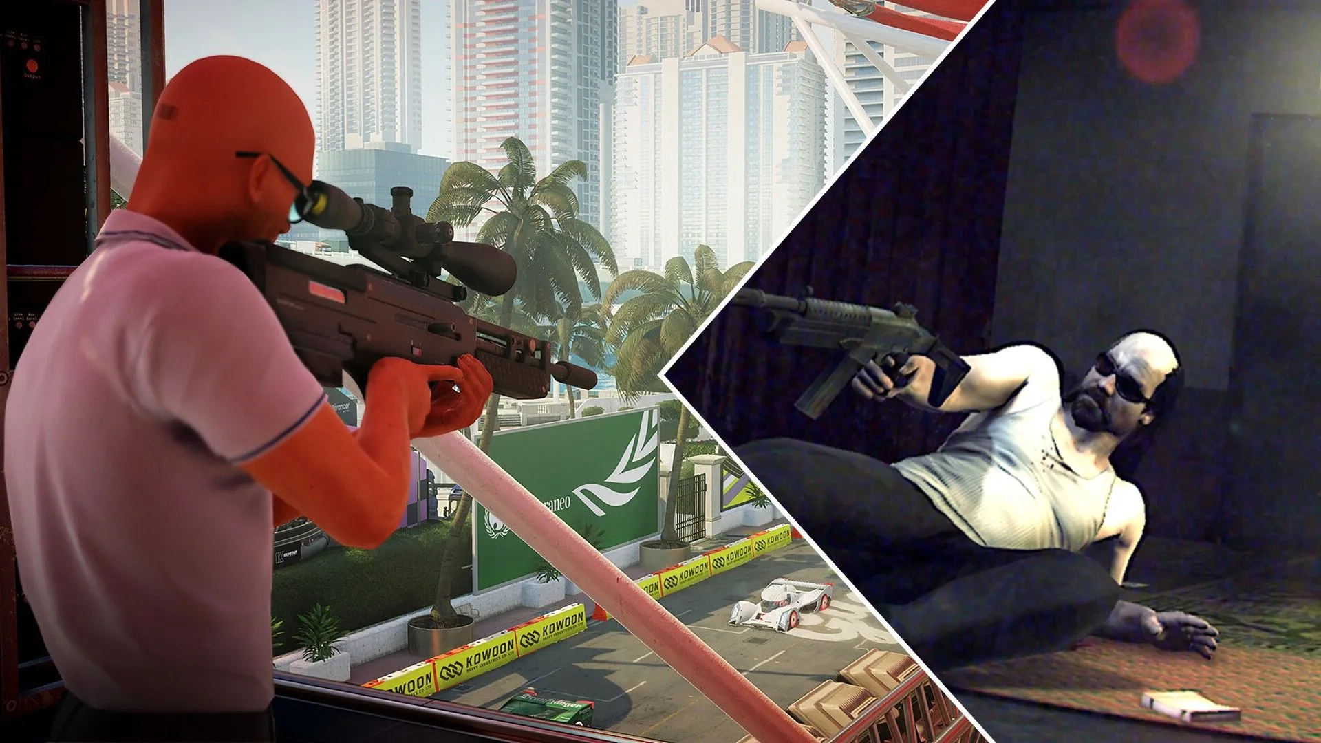 Đặc vụ 47 của Hitman đang nhắm bắn từ cửa sổ, cạnh bên là Kane của Kane &amp; Lynch đang nhắm súng.