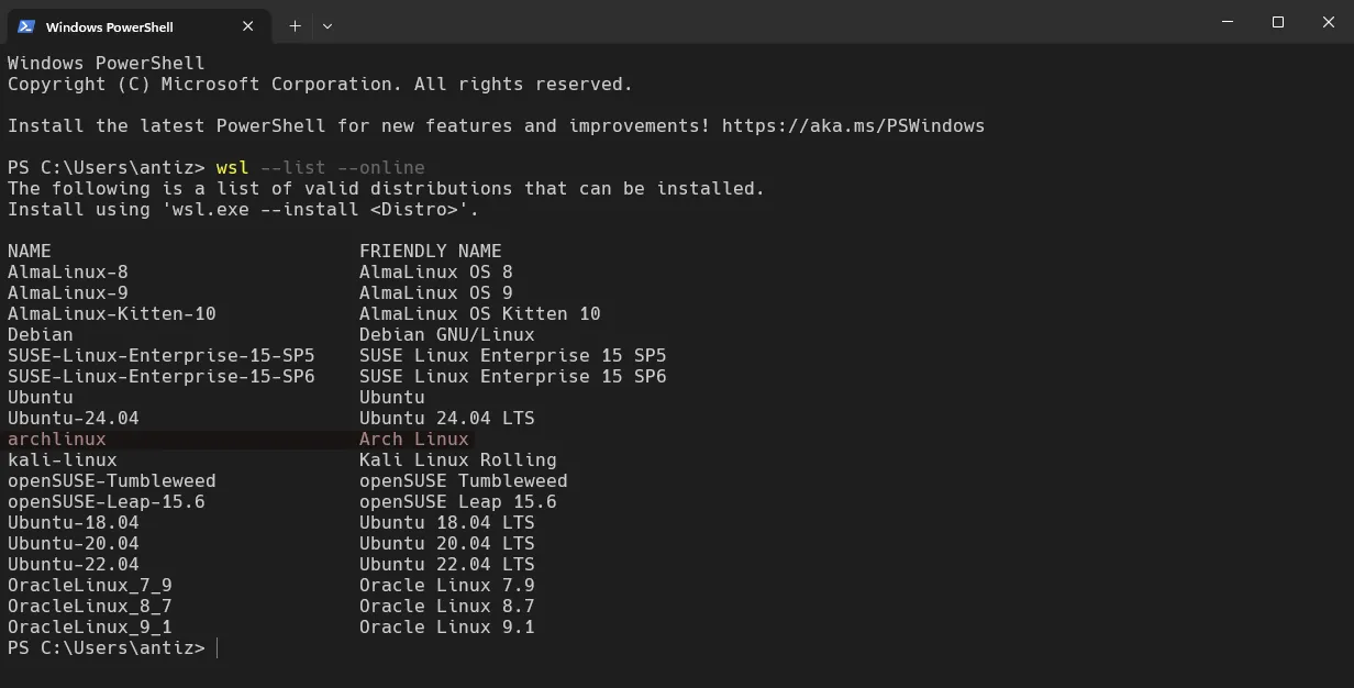 Danh sách các bản phân phối Linux có sẵn trong Windows Subsystem for Linux (WSL), với Arch Linux được đánh dấu nổi bật.