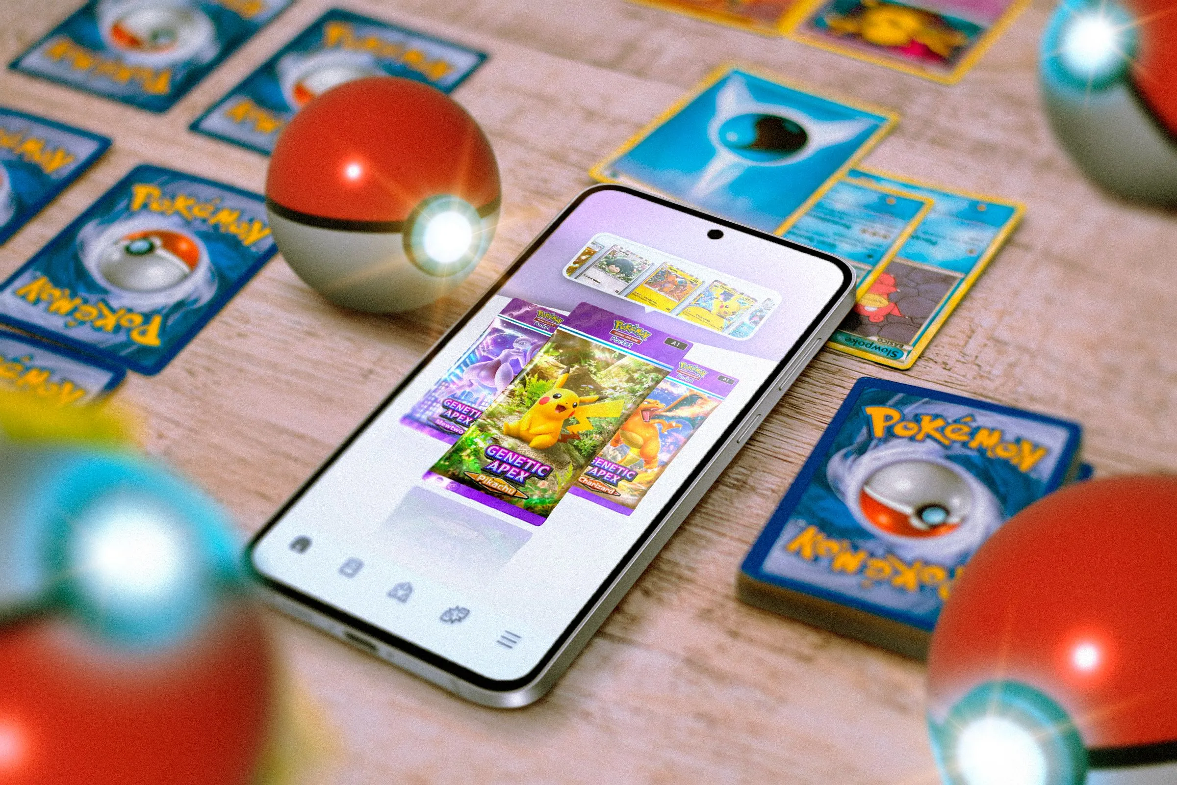 Điện thoại chơi Pokémon TCG cùng thẻ bài và Poké Ball, thể hiện việc chuyển đổi hoặc khám phá các game gacha mới.
