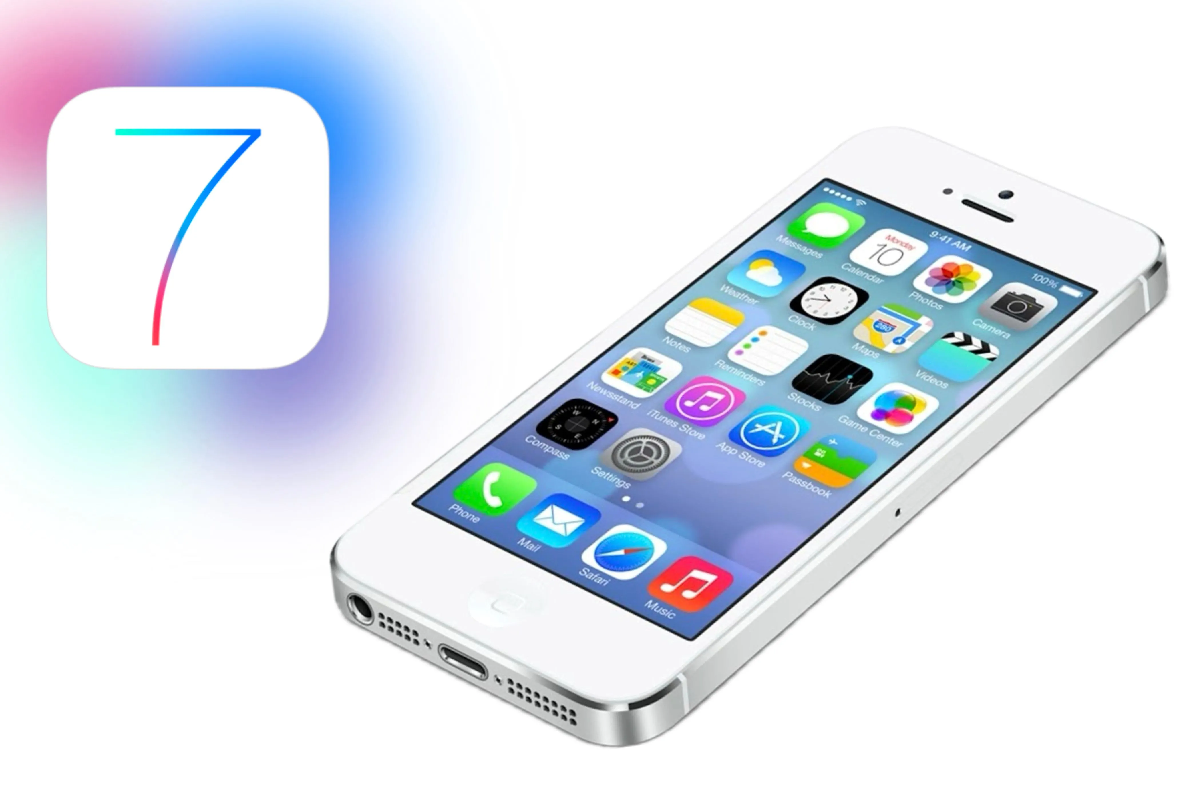 Điện thoại iPhone chạy iOS 7 với giao diện phẳng, biểu tượng đầy màu sắc