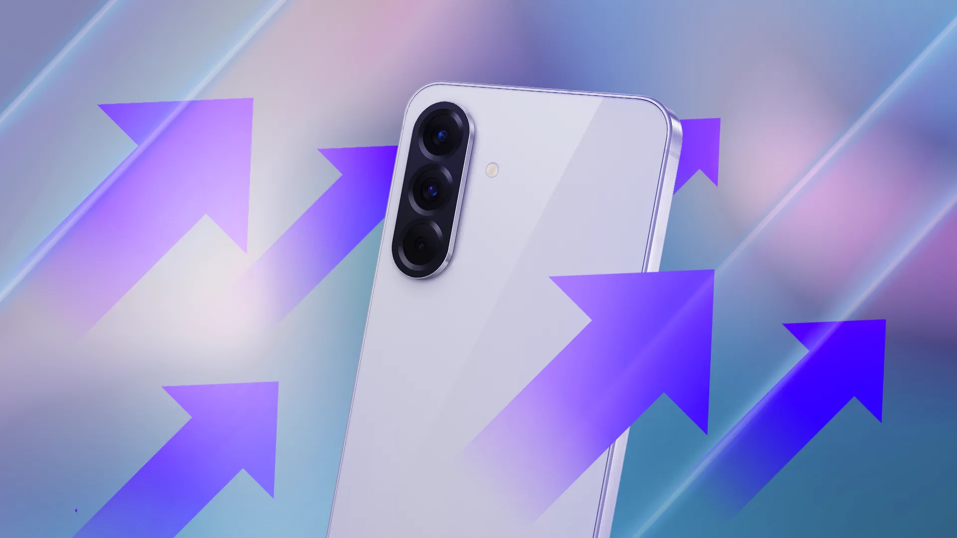 Điện thoại Samsung Galaxy A56 với mũi tên hướng lên, tượng trưng cho hiệu năng và khả năng tối ưu được cải thiện trên One UI.