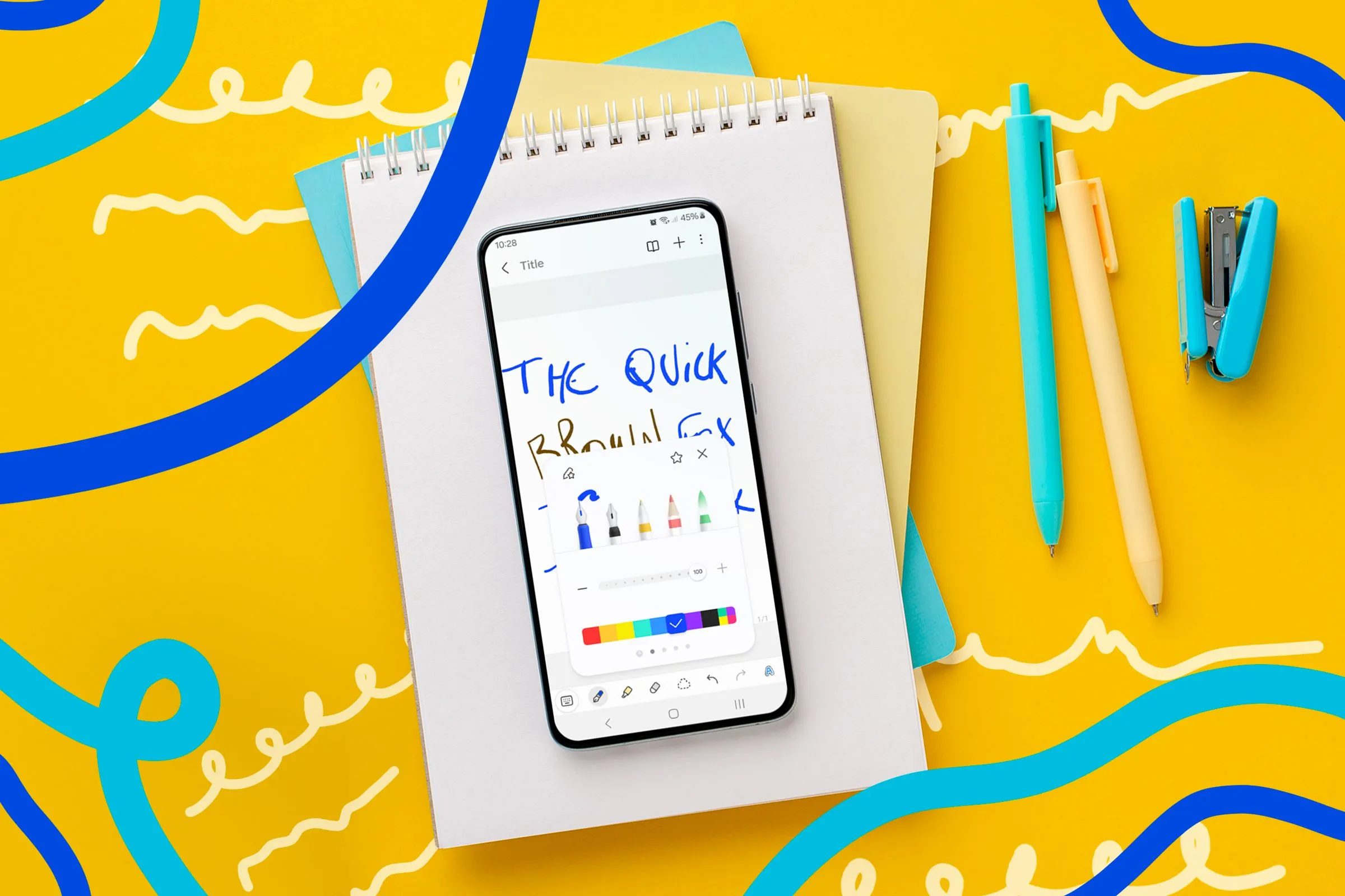 Điện thoại Samsung Galaxy hiển thị ứng dụng Samsung Notes trên nền sổ tay, minh họa khả năng ghi chú tiện lợi.