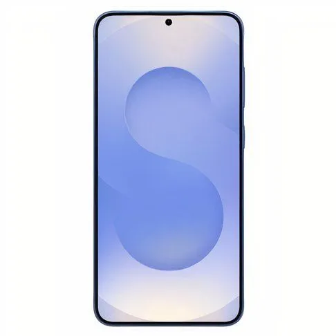 Điện thoại thông minh Samsung Galaxy S25 Plus màu xanh nhạt trên nền tối, hiển thị màn hình chính.