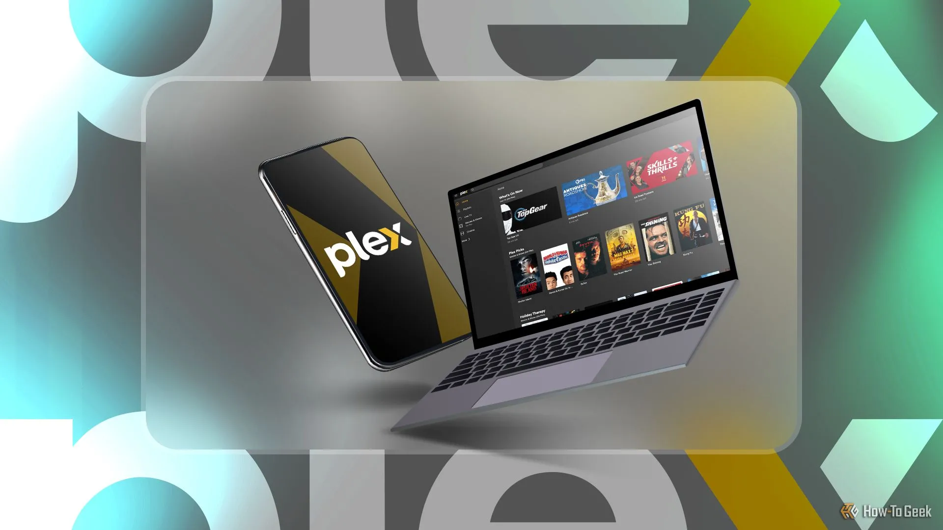 Điện thoại và laptop hiển thị logo cùng giao diện Plex, minh họa khả năng chạy đa dịch vụ trên Mini PC bên cạnh Home Assistant.