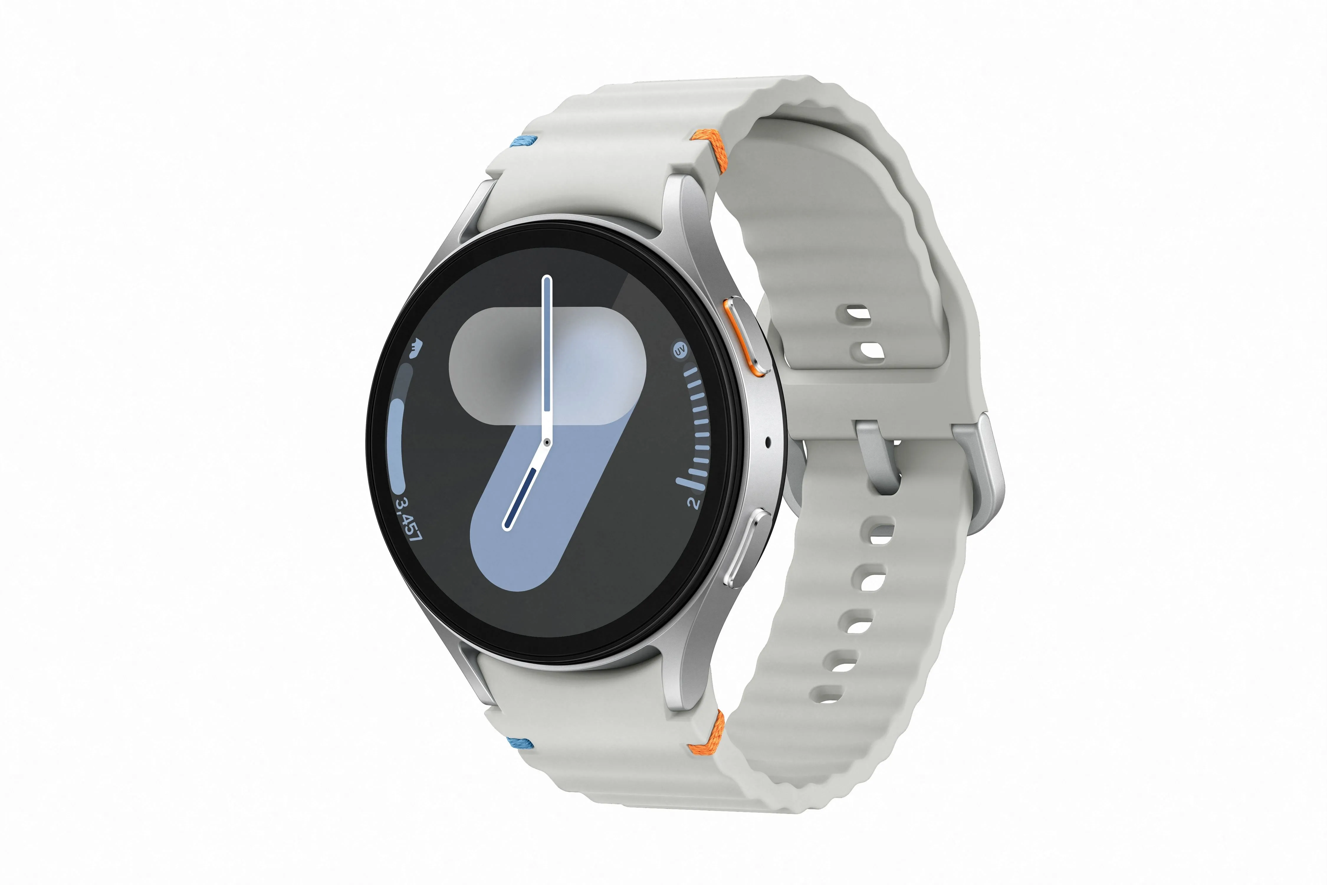 Đồng hồ thông minh Samsung Galaxy Watch 7 màu đen trên nền trắng, hiển thị giao diện thời gian.