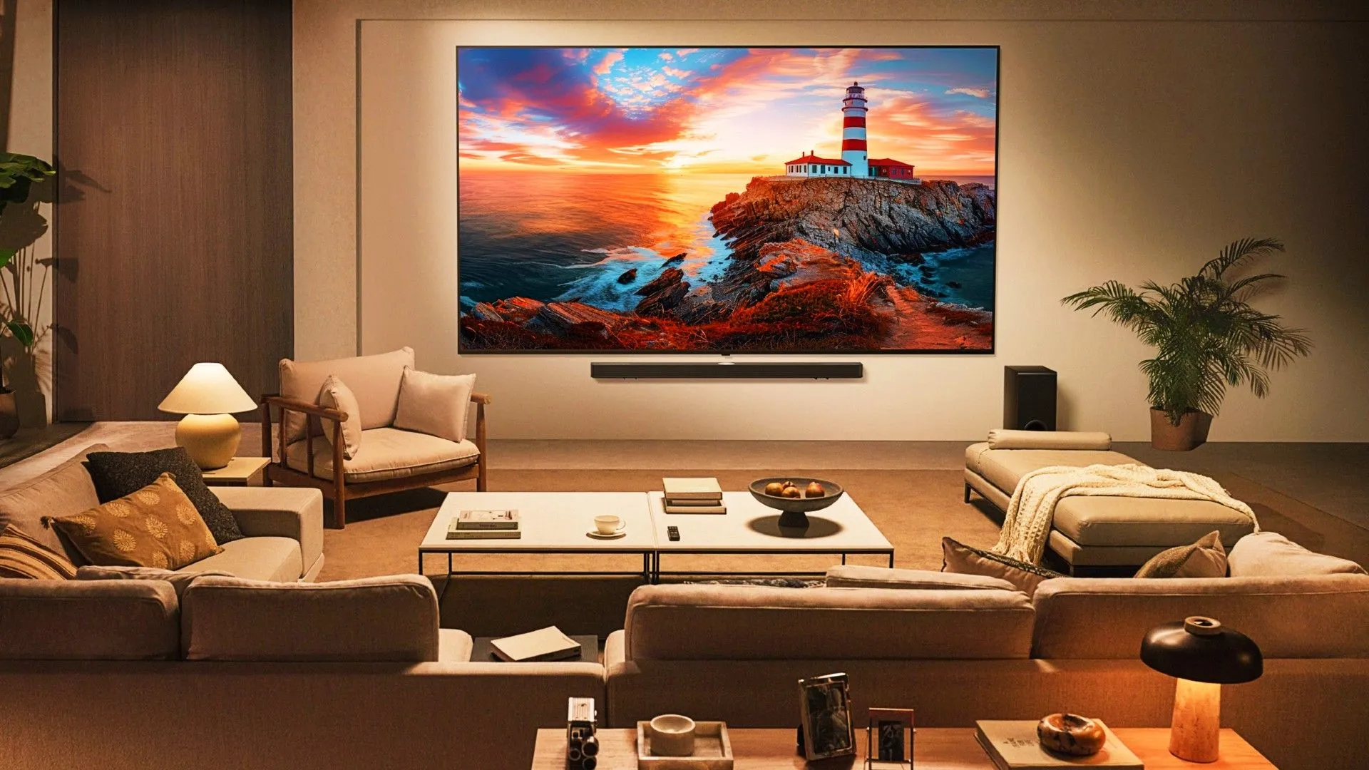 Dòng TV LG QNED evo 2025 treo tường trong phòng khách hiện đại, với khả năng hiển thị ấn tượng.