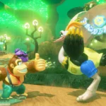 Donkey Kong Bananza: Donkey Kong giơ ngón cái chào đà điểu trong cảnh game.