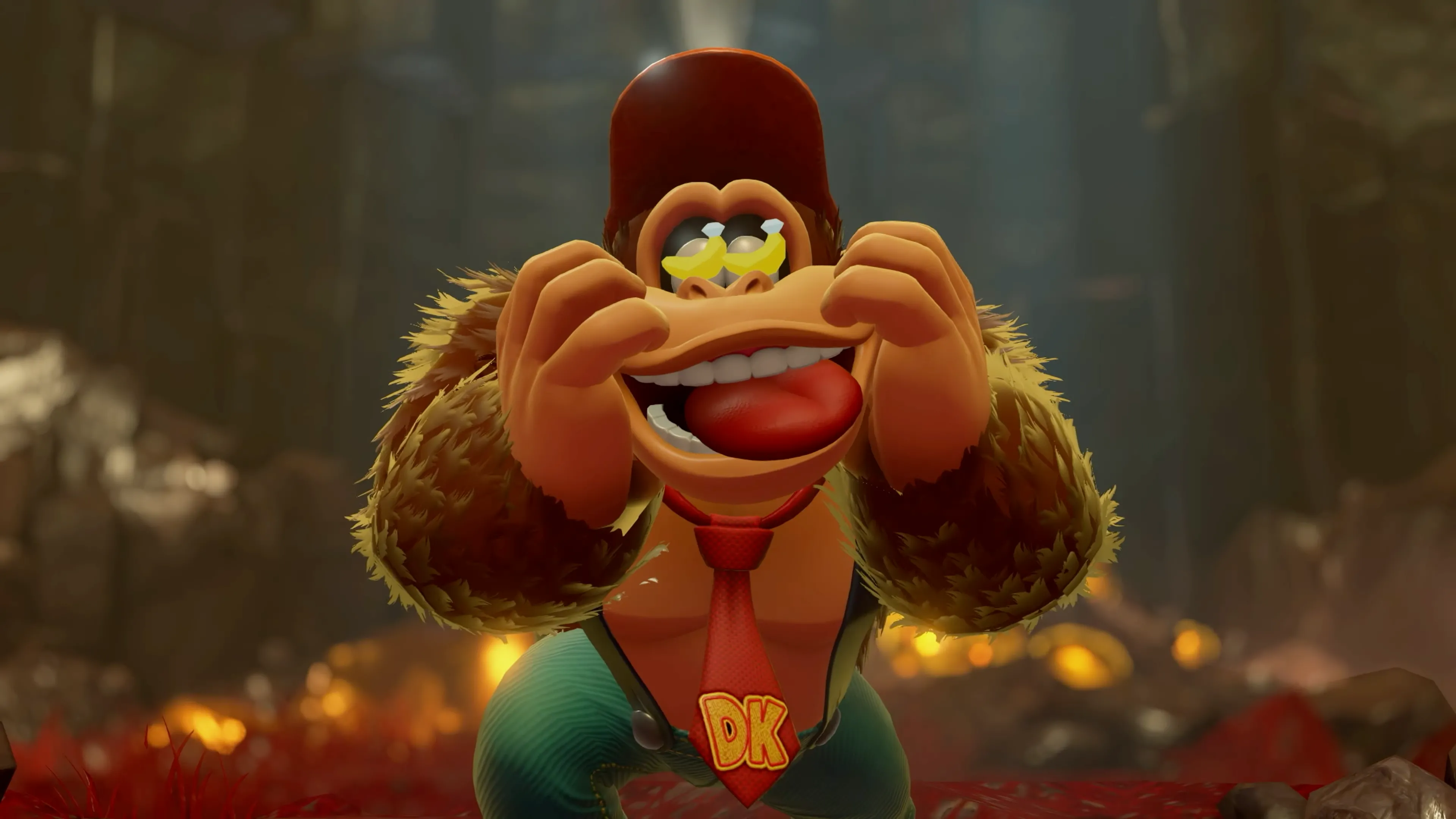Donkey Kong Bananza: Donkey Kong với ánh mắt si mê quả chuối, thể hiện sự yêu thích.