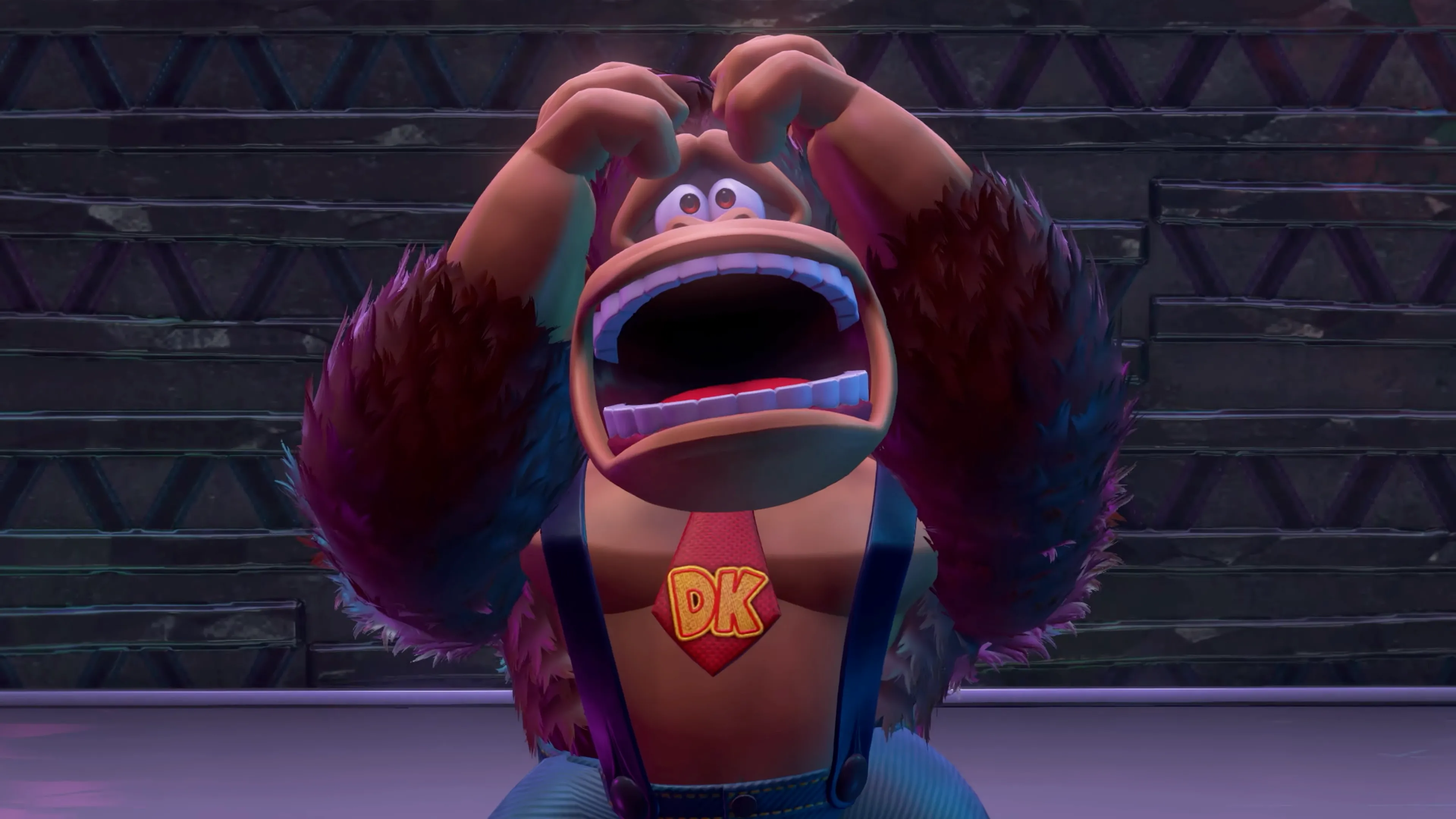 Donkey Kong Bananza: Donkey Kong với biểu cảm đau khổ, thất vọng trong cảnh game.
