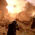 Game Helldivers 2 với hình ảnh người lính đang chiến đấu trong không gian, minh họa khả năng chơi game đa nền tảng giữa PS5 và PC.