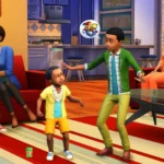 Gia đình Sims 4 đang vui vẻ chơi đùa trong phòng khách hiện đại
