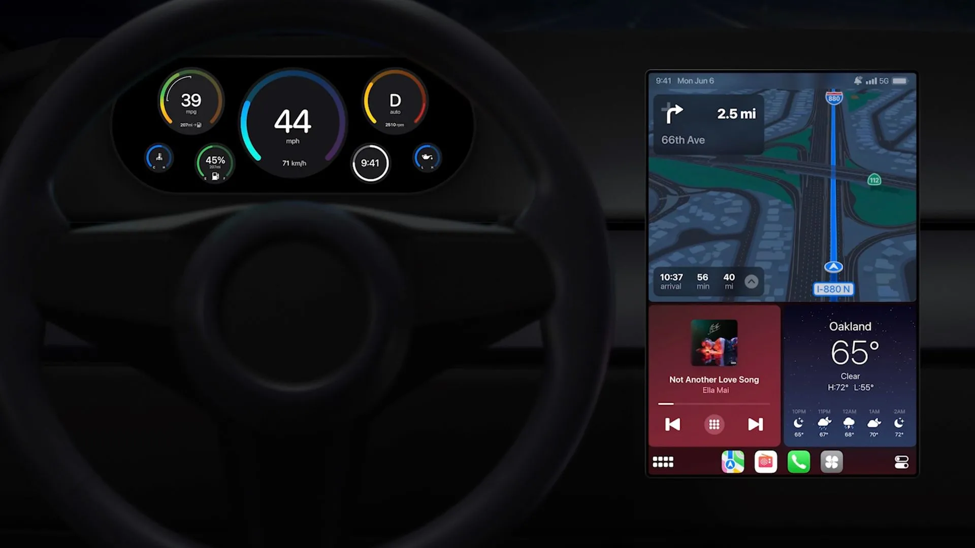Giao diện Apple CarPlay thế hệ mới với các đồng hồ đo thông tin xe và tùy chọn cá nhân hóa