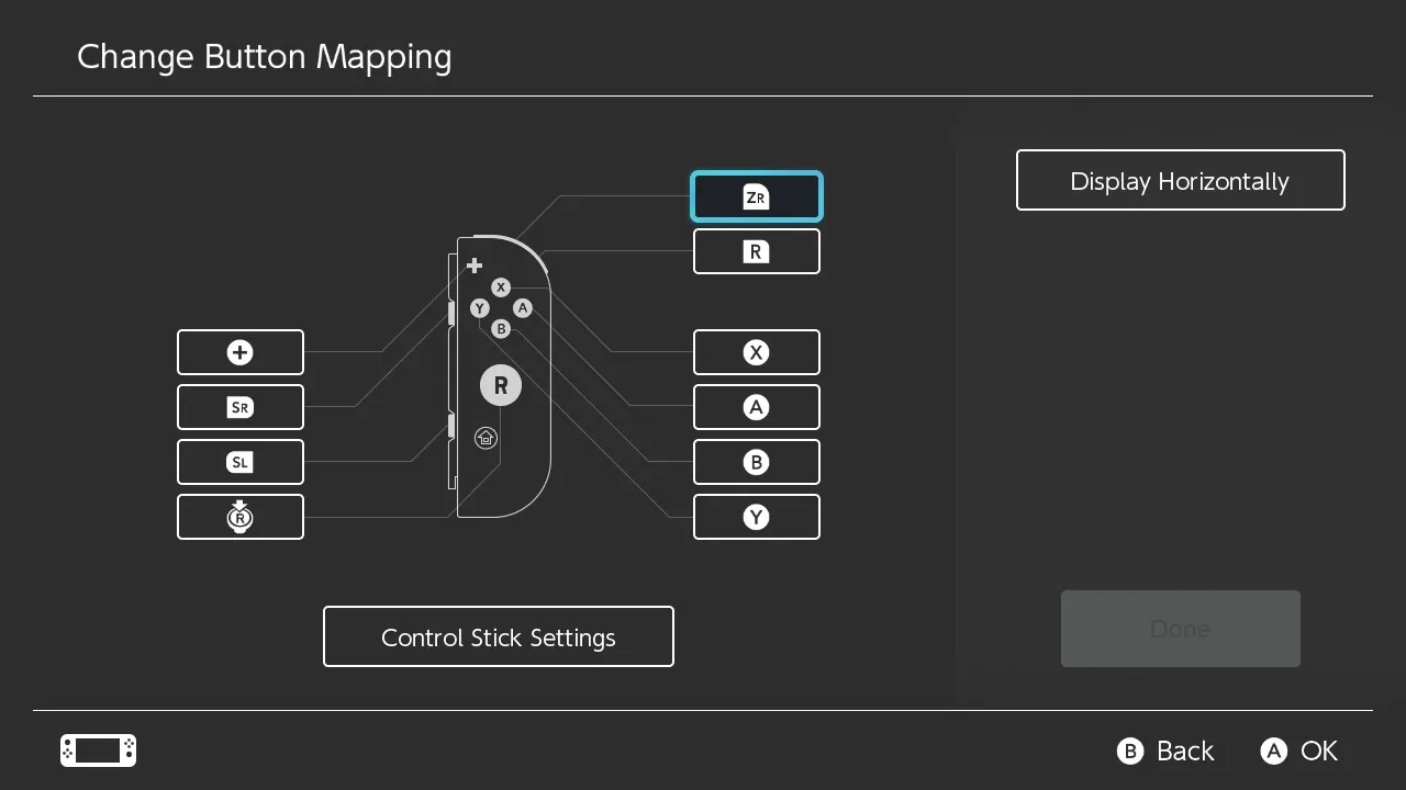 Giao diện cài đặt ánh xạ nút Joy-Con trên Nintendo Switch