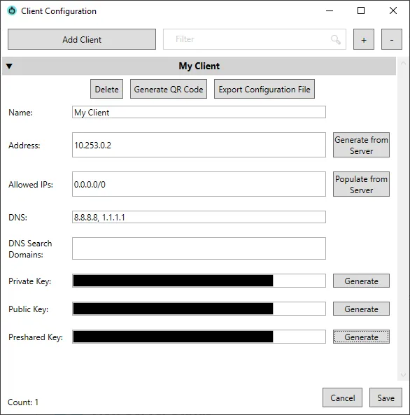 Giao diện cài đặt máy khách Wireguard trong Wg Server for Windows