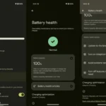 Giao diện cài đặt Tình trạng pin trên điện thoại Google Pixel chạy Android 16 Beta, hiển thị phần trăm dung lượng và tùy chọn tối ưu pin.