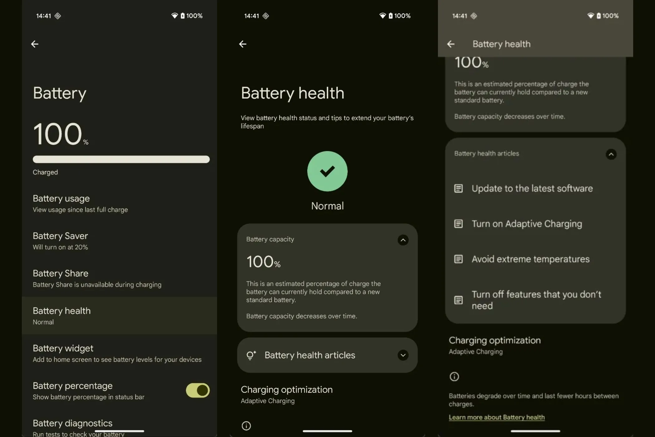 Giao diện cài đặt Tình trạng pin trên điện thoại Google Pixel chạy Android 16 Beta, hiển thị phần trăm dung lượng và tùy chọn tối ưu pin.