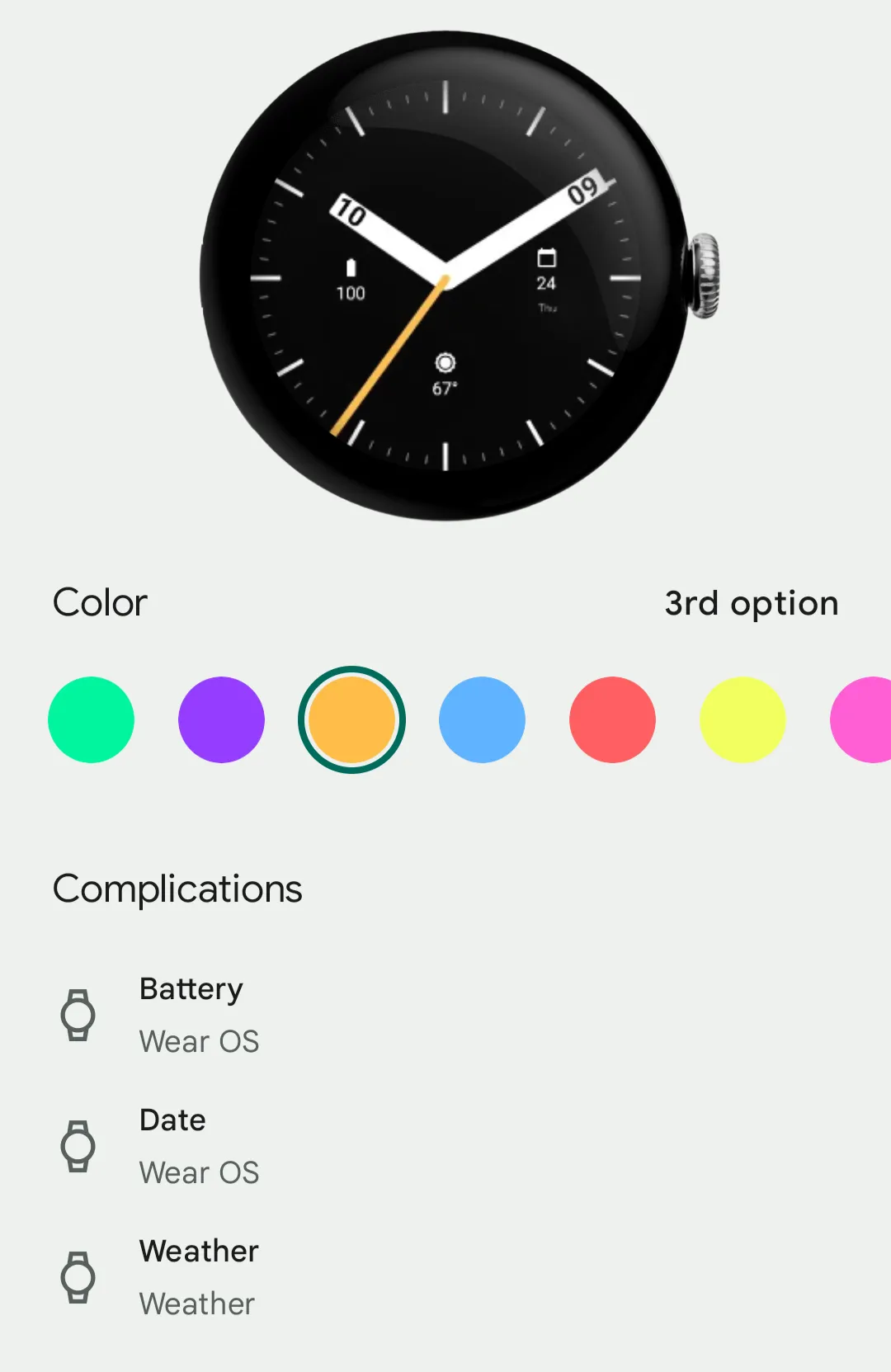 Giao diện cài đặt tùy chỉnh của mặt đồng hồ Digalog trên ứng dụng Google Pixel Watch, hiển thị các tùy chọn màu sắc và vị trí complications.
