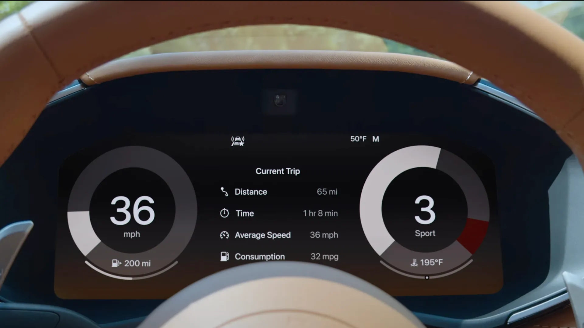 Giao diện CarPlay Ultra tích hợp sâu vào cụm đồng hồ kỹ thuật số của xe, hiển thị thông tin lái xe và dữ liệu từ iPhone.