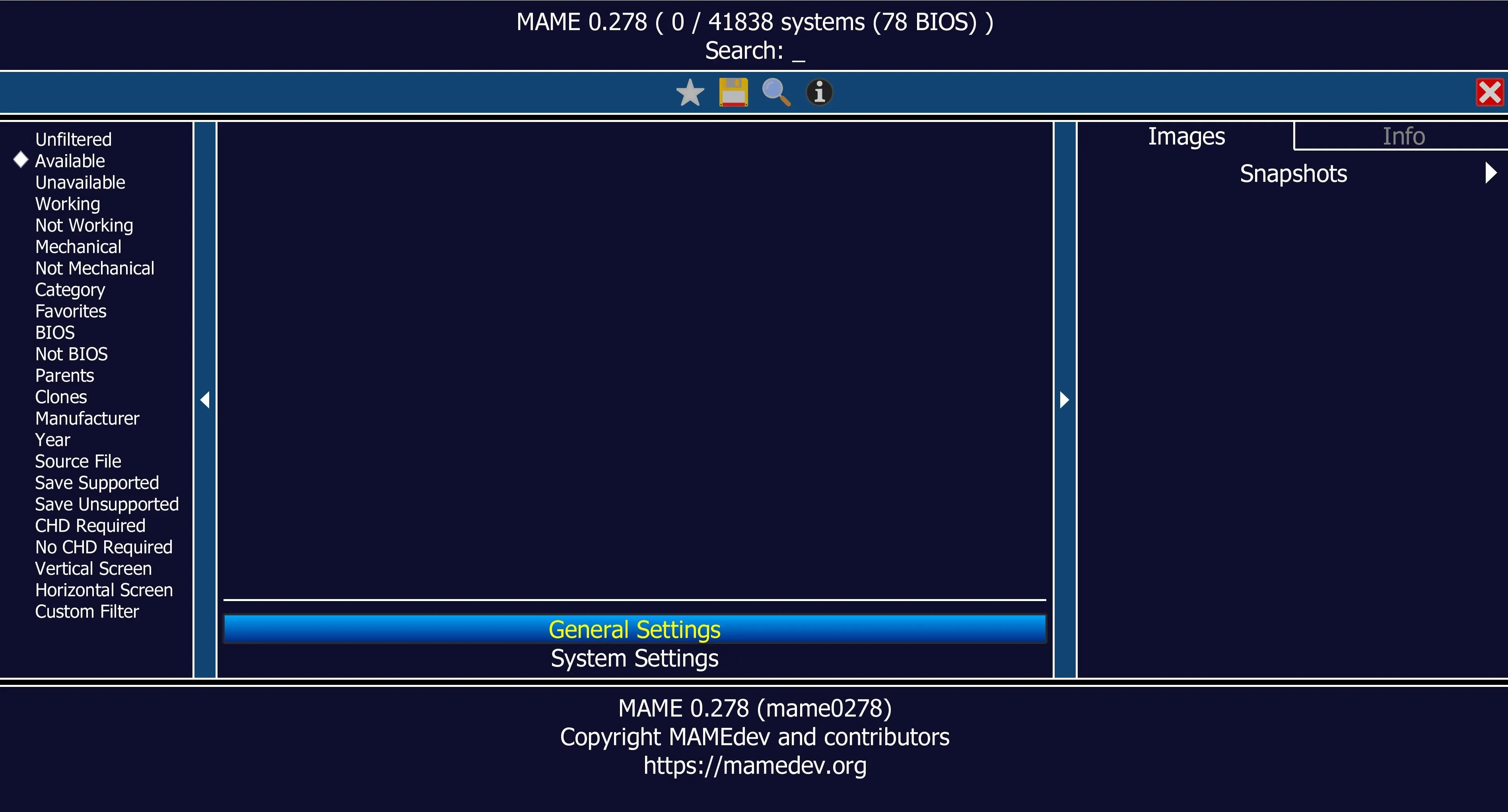 Giao diện chính của giả lập MAME trên máy tính Windows 11