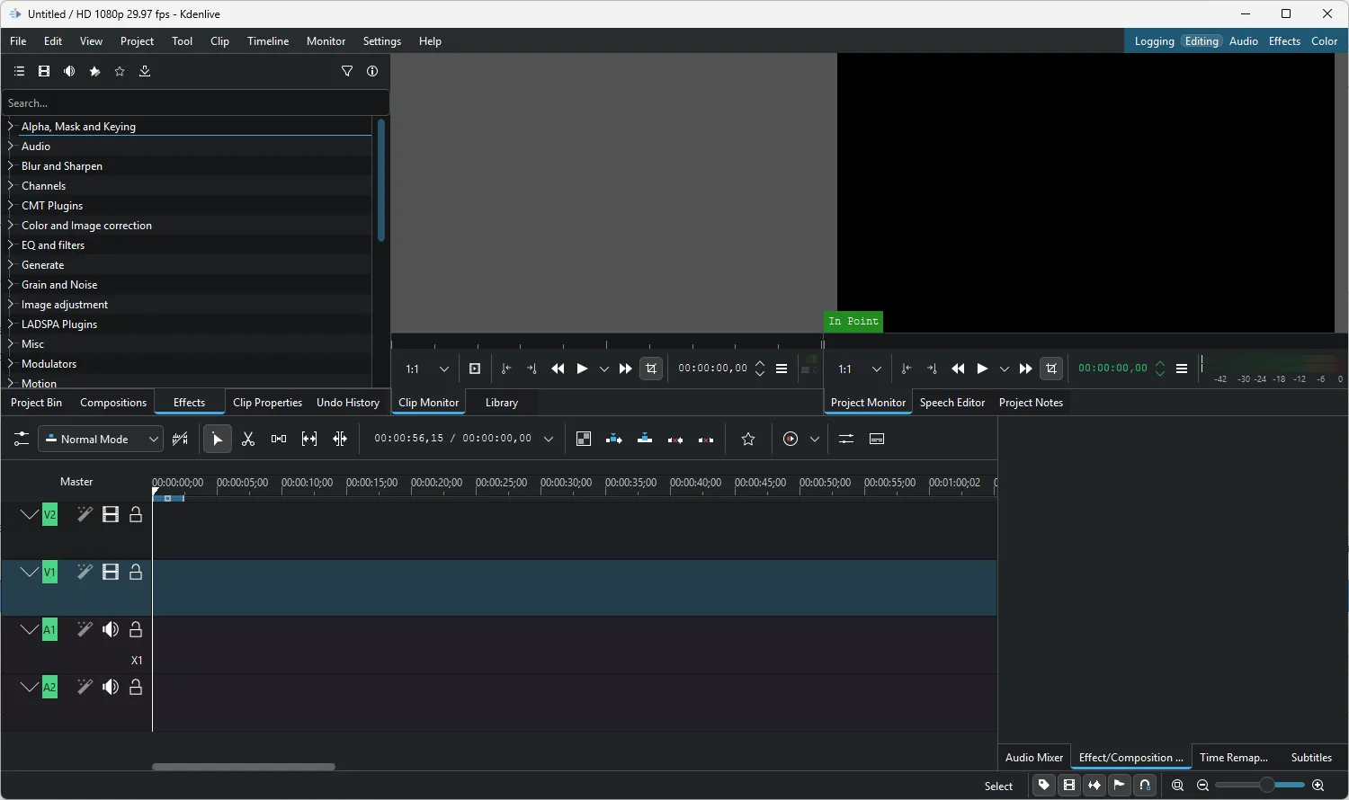 Giao diện chính của Kdenlive hiển thị các bộ lọc hiệu ứng video, làm nổi bật tính năng phong phú.