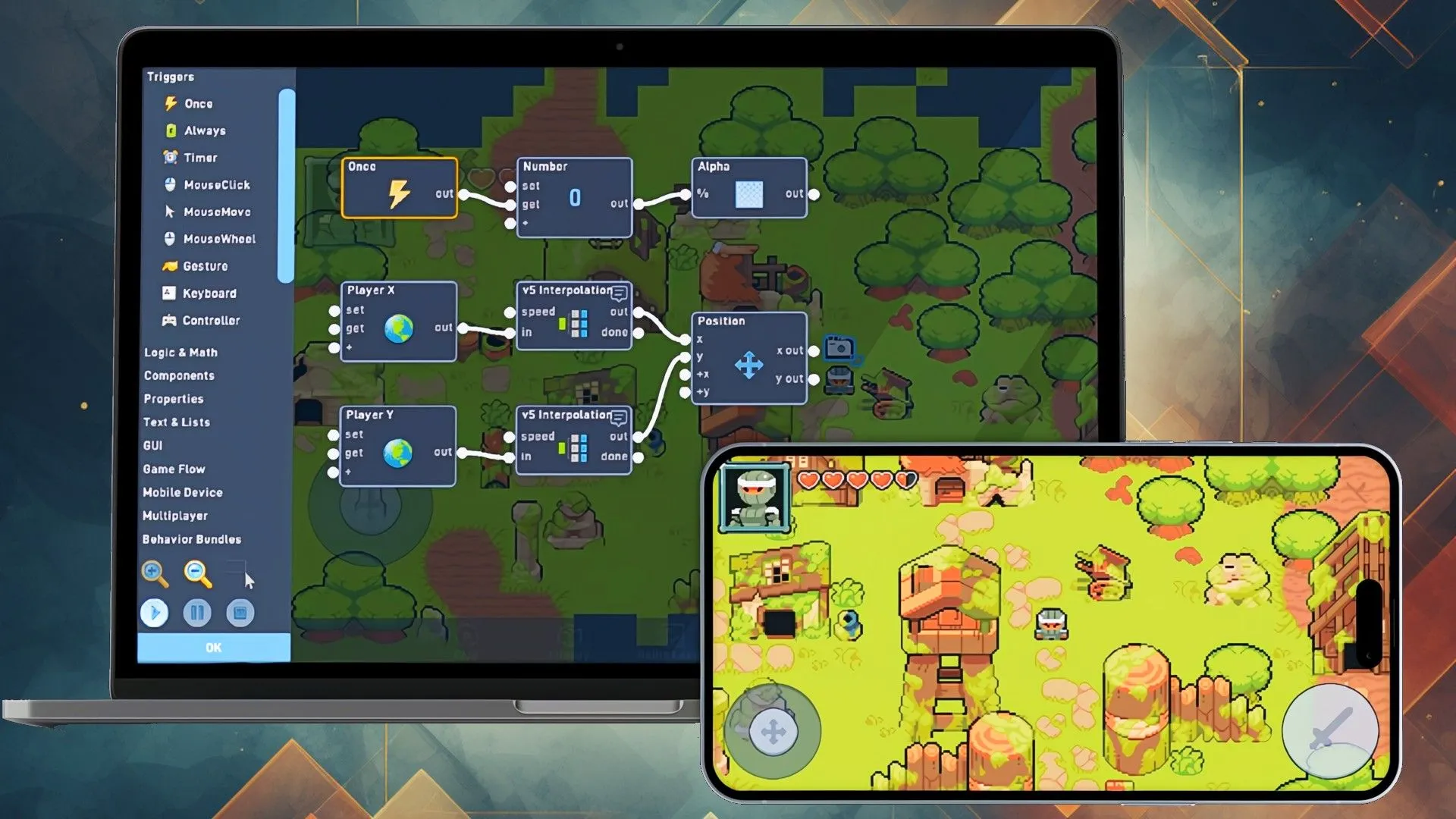 Giao diện công cụ Flowlab Game Creator đang phát triển một trò chơi với khung cảnh rừng và nhân vật, hiển thị trên cả máy tính và điện thoại.