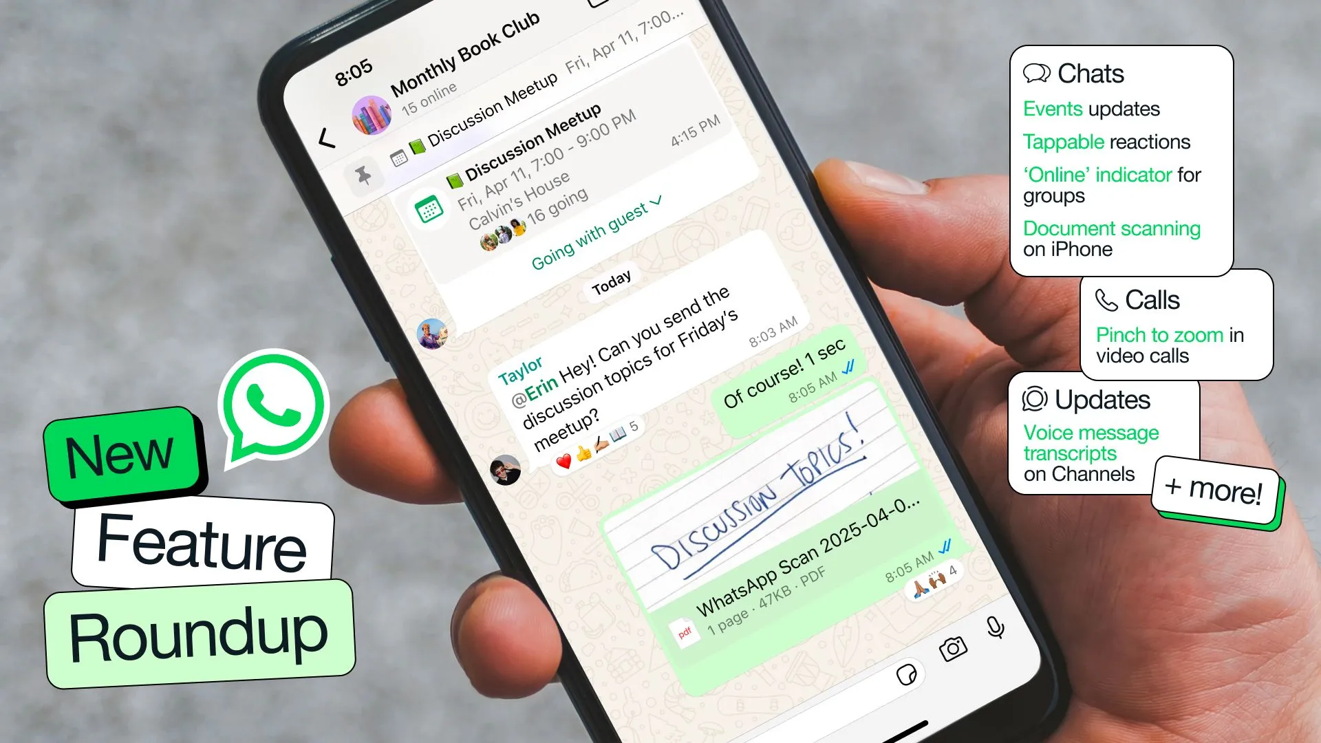 Giao diện điện thoại di động hiển thị tính năng mới của WhatsApp với các biểu tượng và thông báo tin nhắn