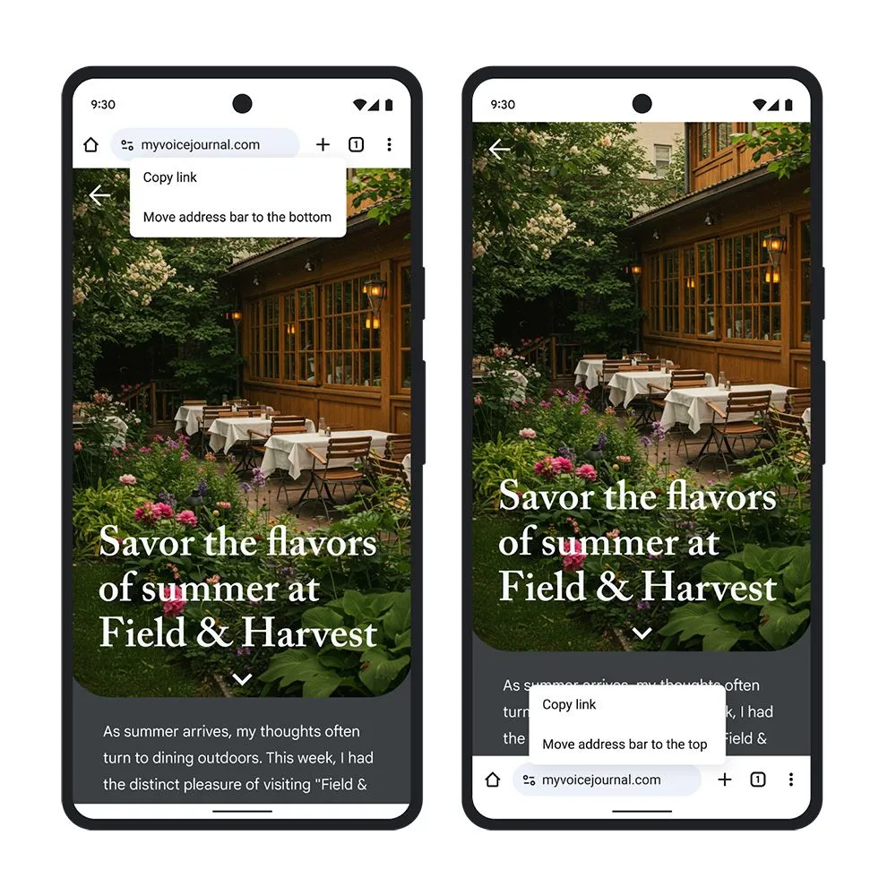 Giao diện Google Chrome Android với thanh địa chỉ được di chuyển xuống phía dưới màn hình, hiển thị tùy chọn 'Move address bar to bottom'
