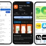 Giao diện Google Play Store hiển thị tính năng tìm kiếm ứng dụng, chi tiết ứng dụng có widget và gợi ý ứng dụng.