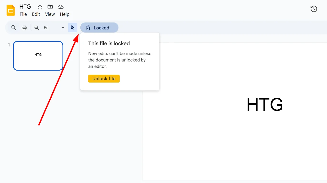 Giao diện Google Slides hiển thị thông báo tệp đã bị khóa, ngăn chỉnh sửa