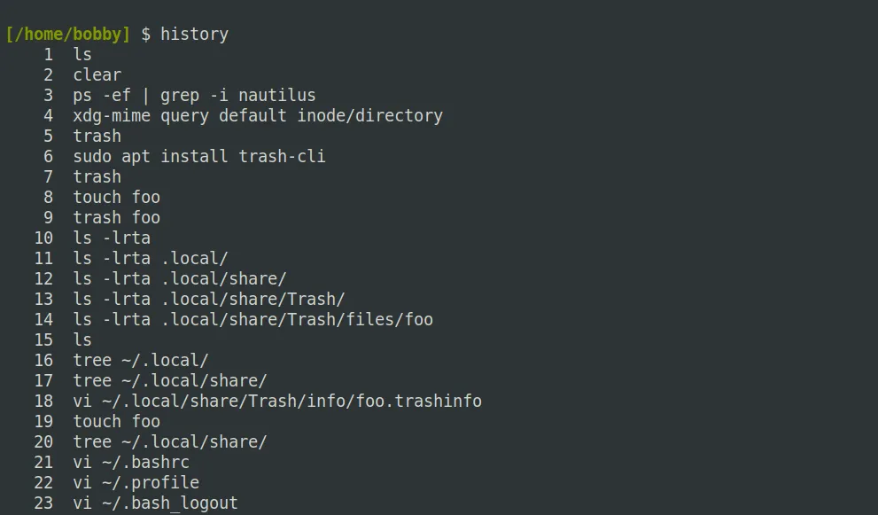 Giao diện hiển thị lịch sử lệnh Linux từ lệnh history mặc định, với các lệnh được đánh số