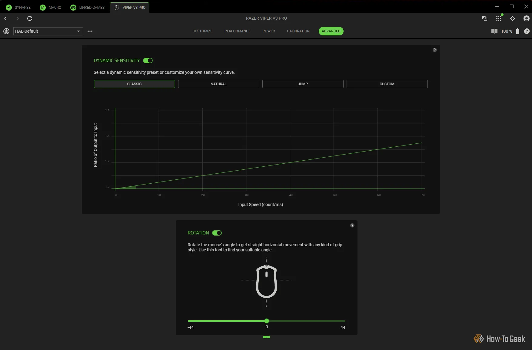 Giao diện phần mềm Razer Synapse hiển thị cài đặt đường cong tăng tốc cho Razer Viper V3 Pro.