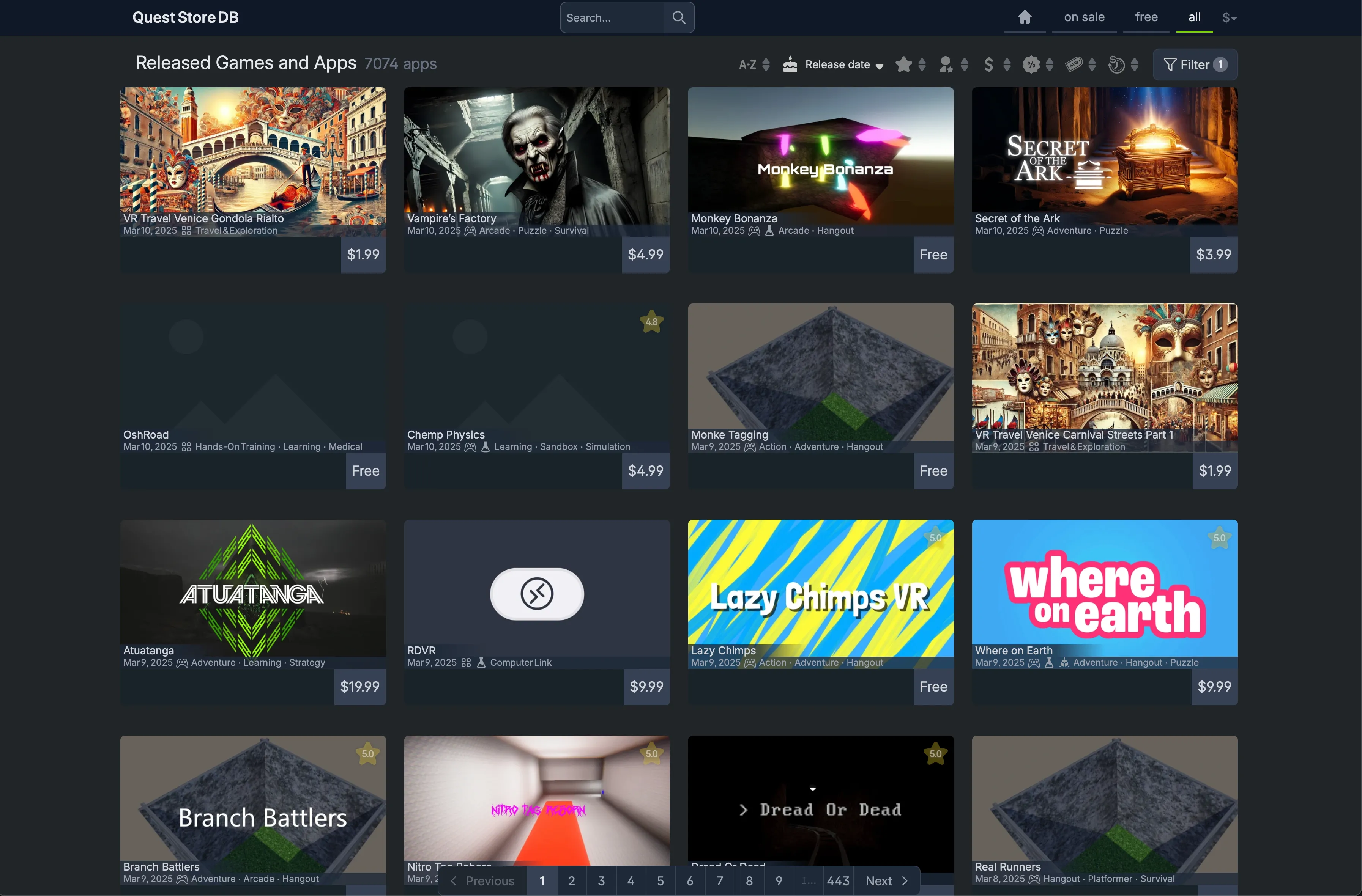 Giao diện Quest Store DB hiển thị danh sách các tựa game được cho là &quot;shovelware&quot; trên Meta Quest, giúp người dùng dễ dàng nhận diện