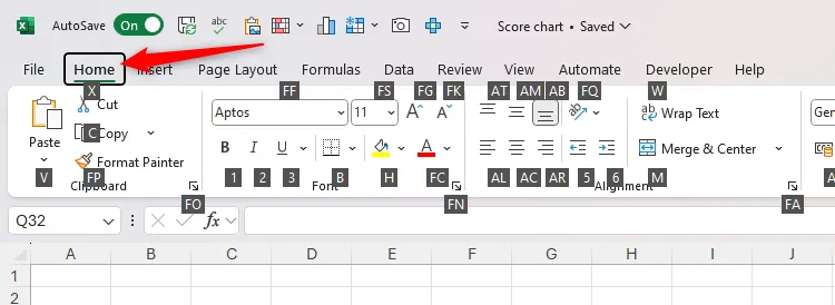 Giao diện Ribbon Home trong Microsoft Excel hiển thị các chữ cái gợi ý sau khi nhấn phím Alt để truy cập nhanh.