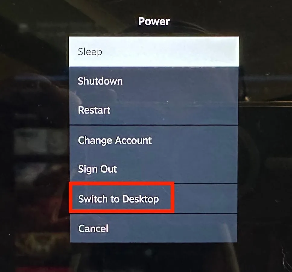 Giao diện SteamOS khi chuyển sang chế độ Desktop, hiển thị menu Power để người dùng truy cập các tùy chọn.
