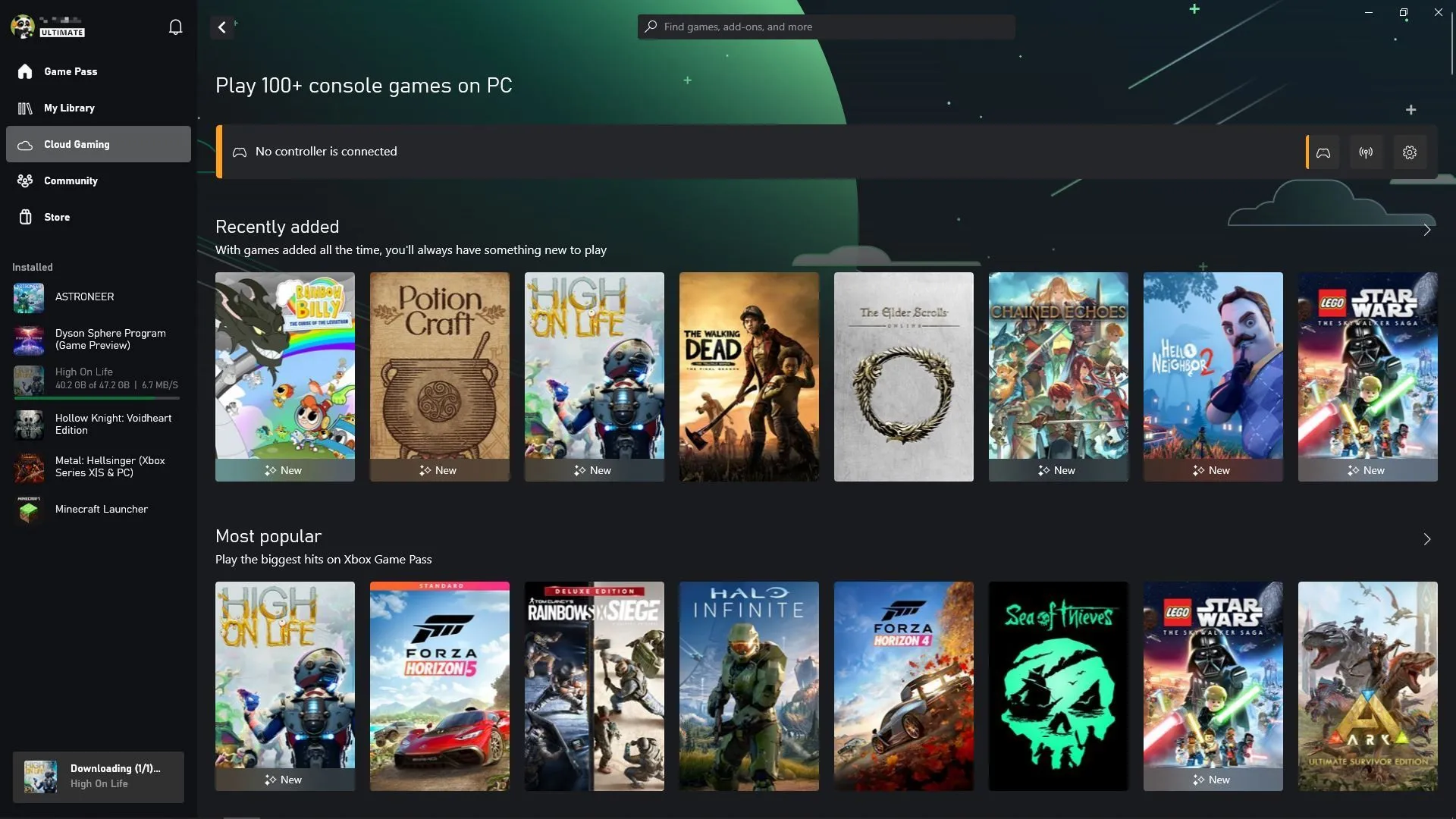 Giao diện tab Cloud Gaming trong ứng dụng Xbox Game Pass trên Windows, minh họa tính năng chơi game đám mây.