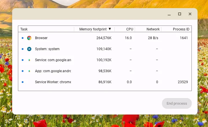 Giao diện Trình quản lý tác vụ của ChromeOS hiển thị tài nguyên hệ thống
