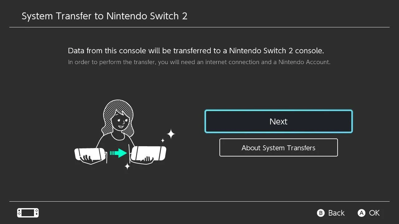 Giao diện tùy chọn Chuyển dữ liệu hệ thống sang Nintendo Switch 2 trên máy Switch cũ.