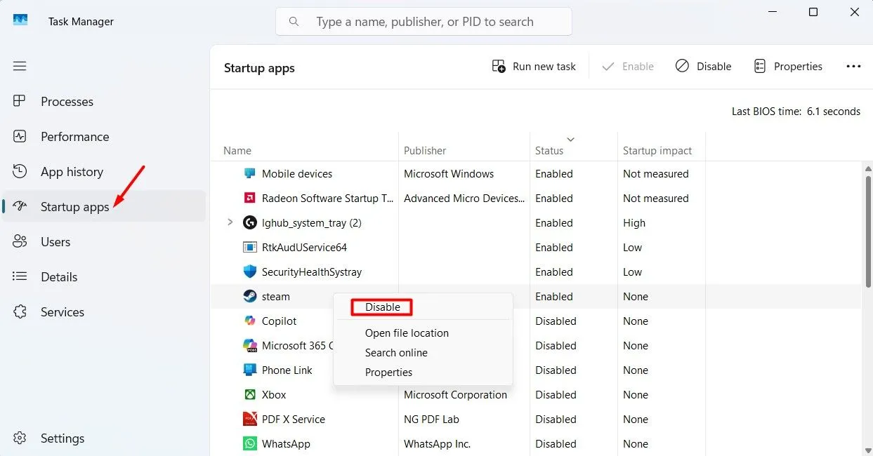Giao diện ứng dụng khởi động trong Trình quản lý tác vụ trên Windows 11