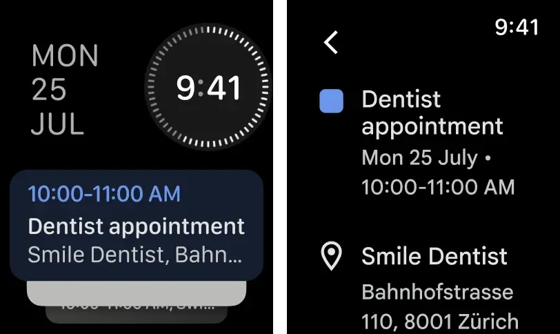 Giao diện ứng dụng Lịch Google trên Apple Watch hiển thị danh sách sự kiện và tác vụ sắp tới.