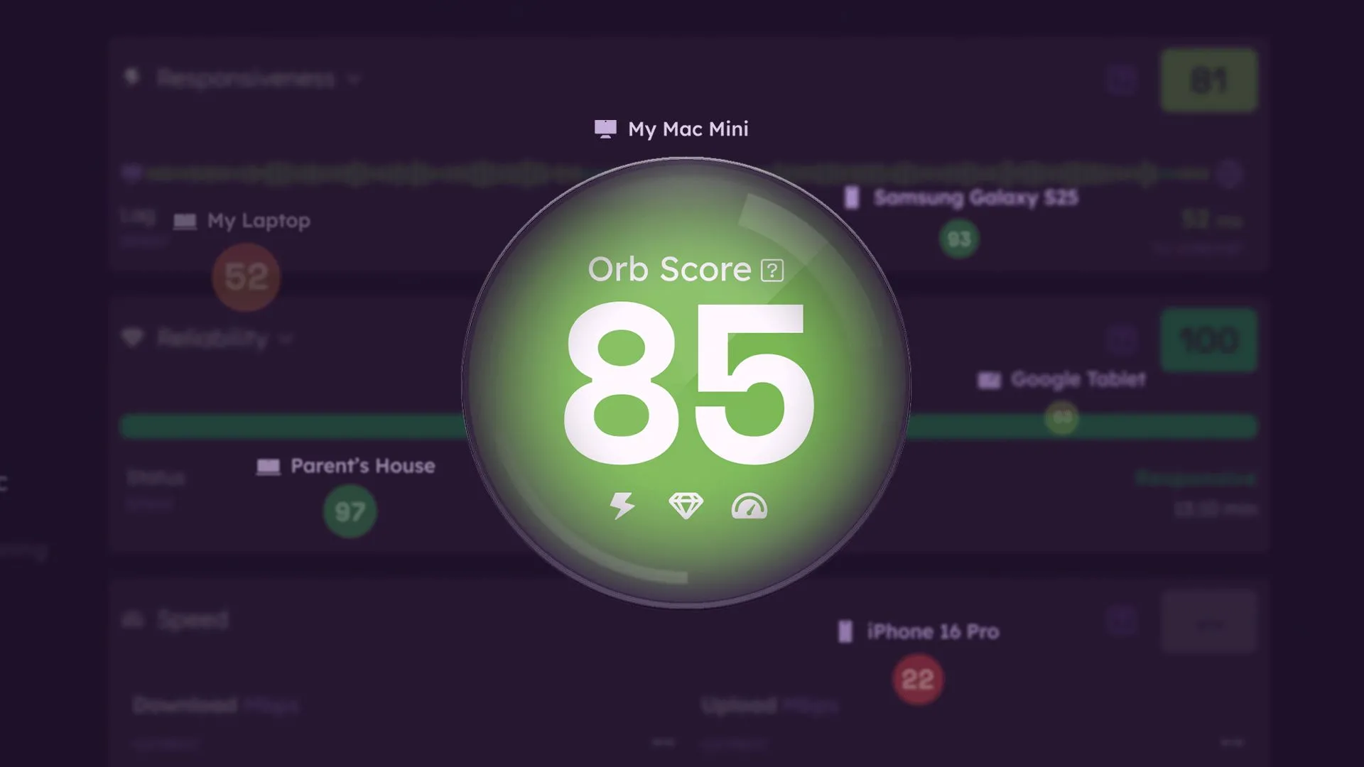 Giao diện ứng dụng Orb, công cụ giám sát chất lượng internet thông minh từ nhà sáng lập Ookla.