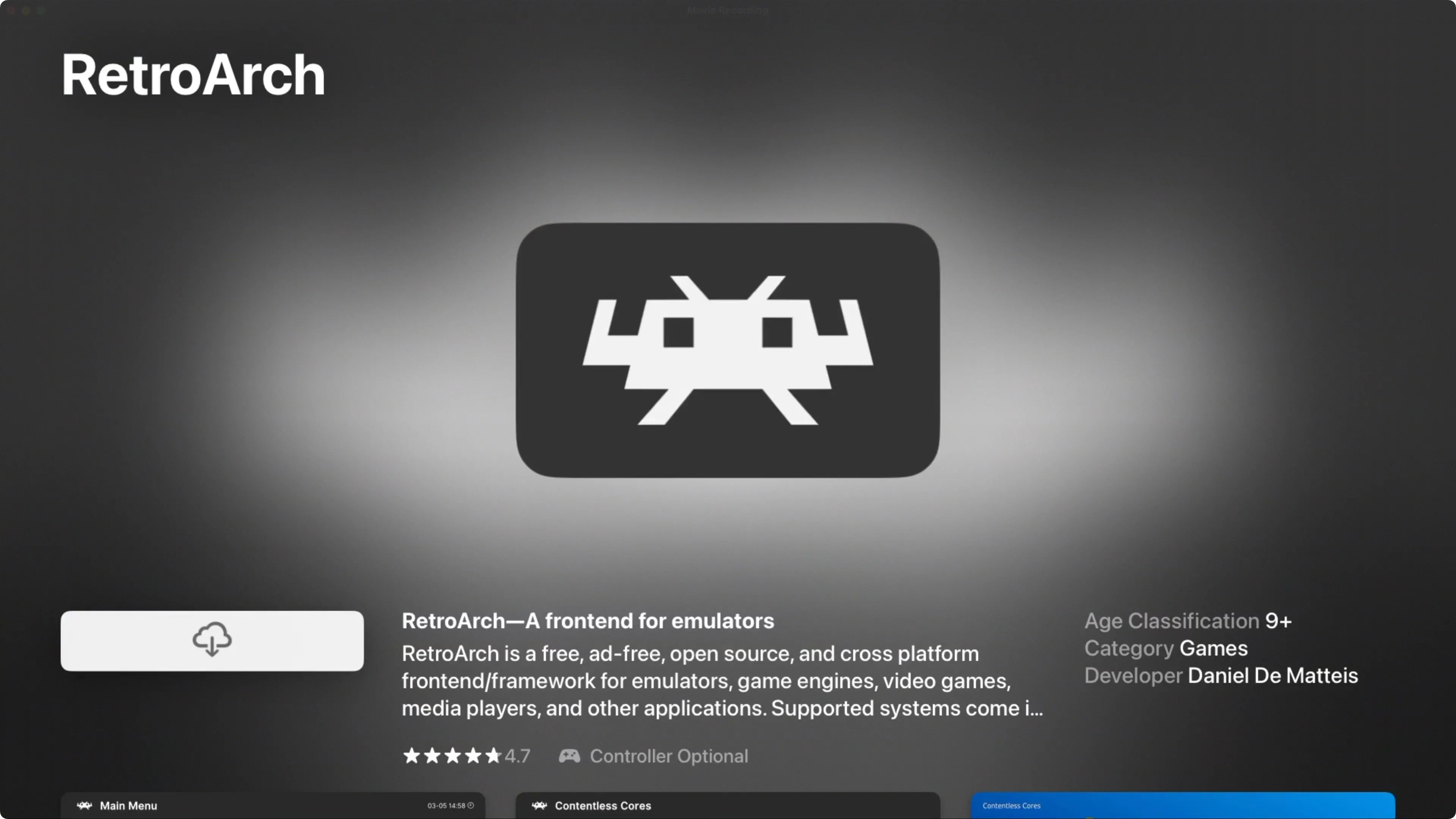 Giao diện ứng dụng RetroArch trên App Store của tvOS, hiển thị thông tin tải về của trình giả lập