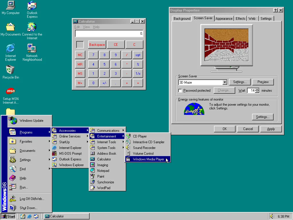 Giao diện Windows 98, hệ điều hành lý tưởng cho việc xây dựng PC gaming retro đa năng.
