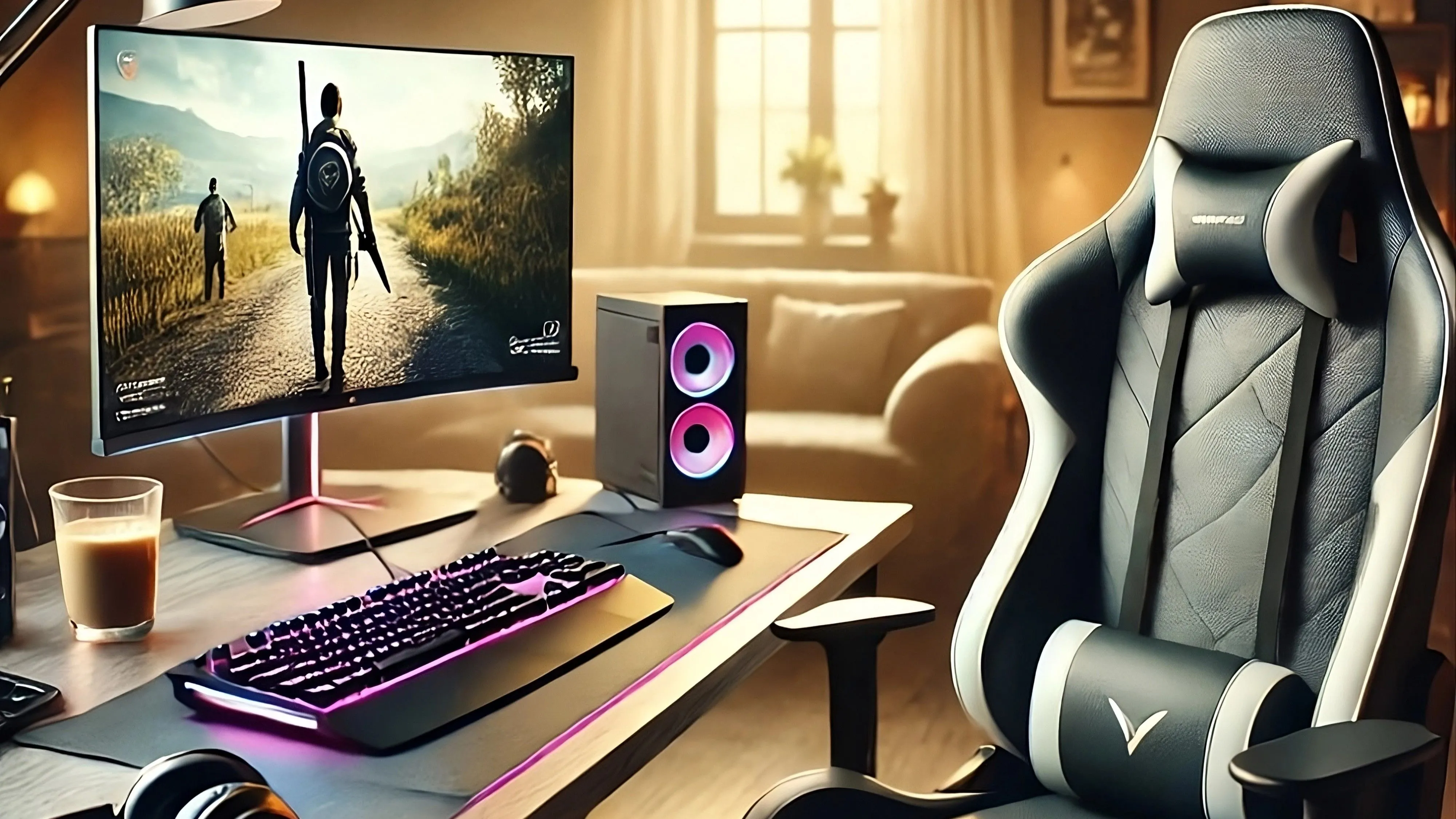 Góc làm việc và chơi game với PC gaming, ghế công thái học và tách cà phê trên bàn, cảnh báo về vị trí đặt thiết bị.