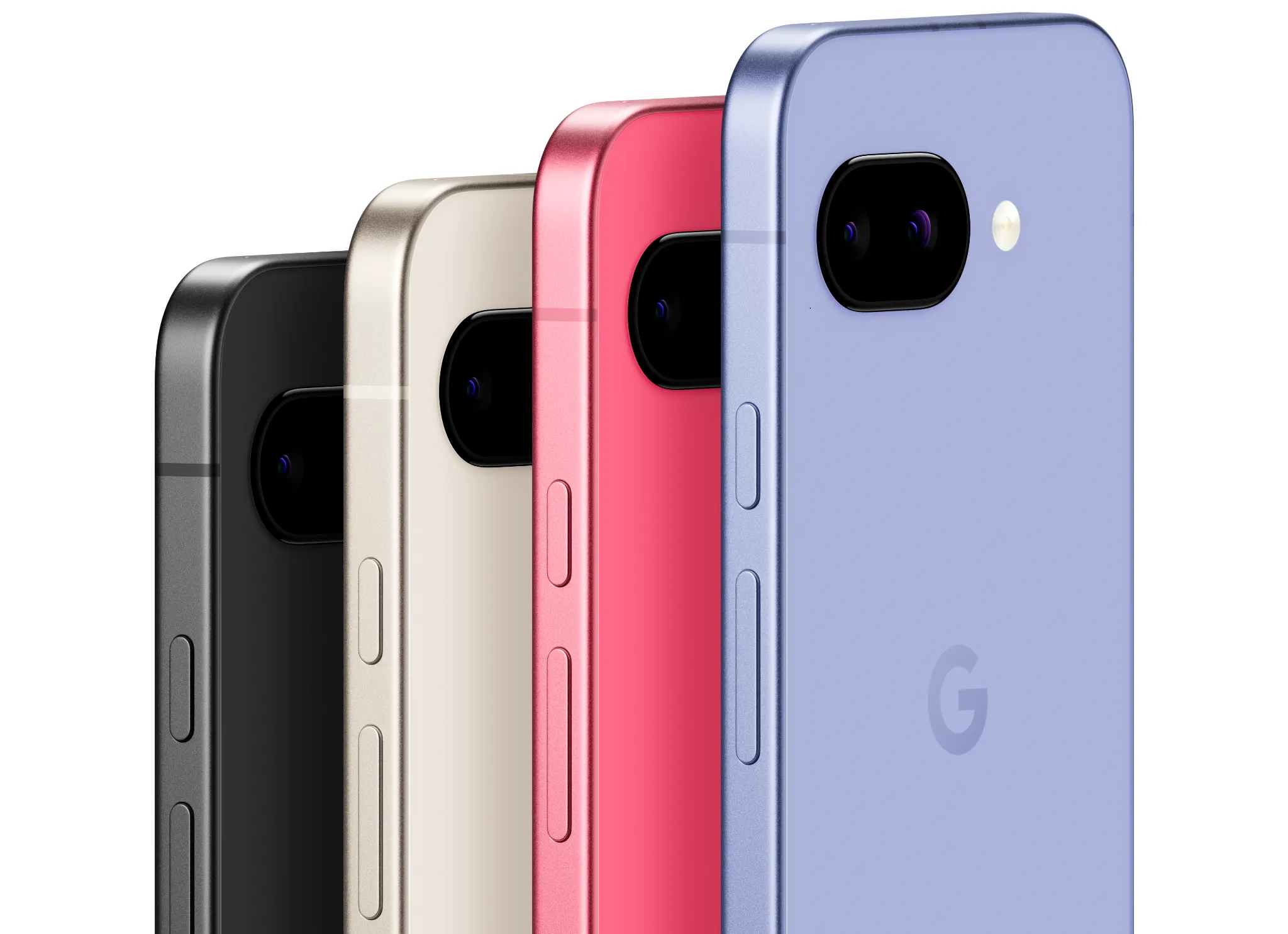 Google Pixel 9a với các tùy chọn màu sắc xanh Iris, hồng Peony, đen và trắng, thể hiện sự đa dạng trong thiết kế.
