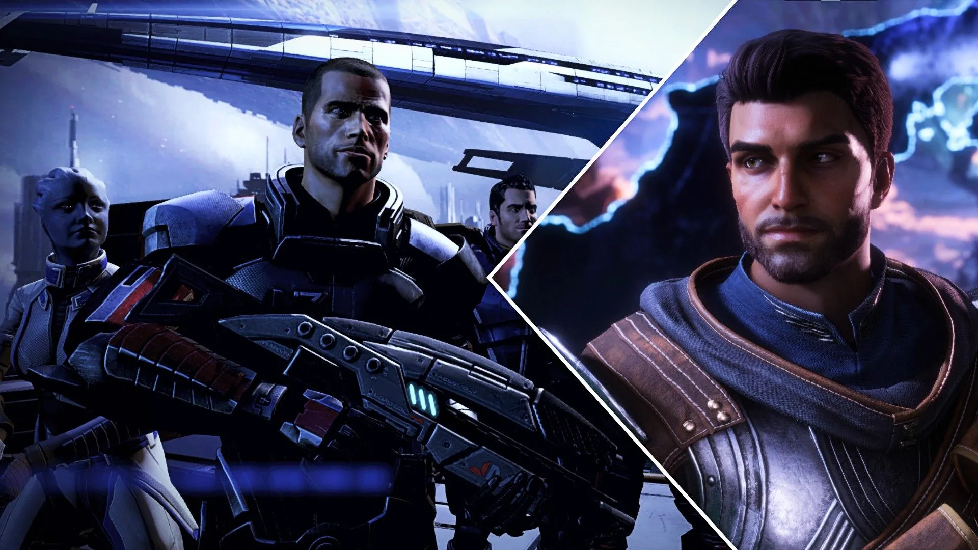 Hai cặp đôi biểu tượng của BioWare: Shepard và Liara từ Mass Effect đứng trước tàu Normandy, và một chiến binh từ Dragon Age: The Veilguard.