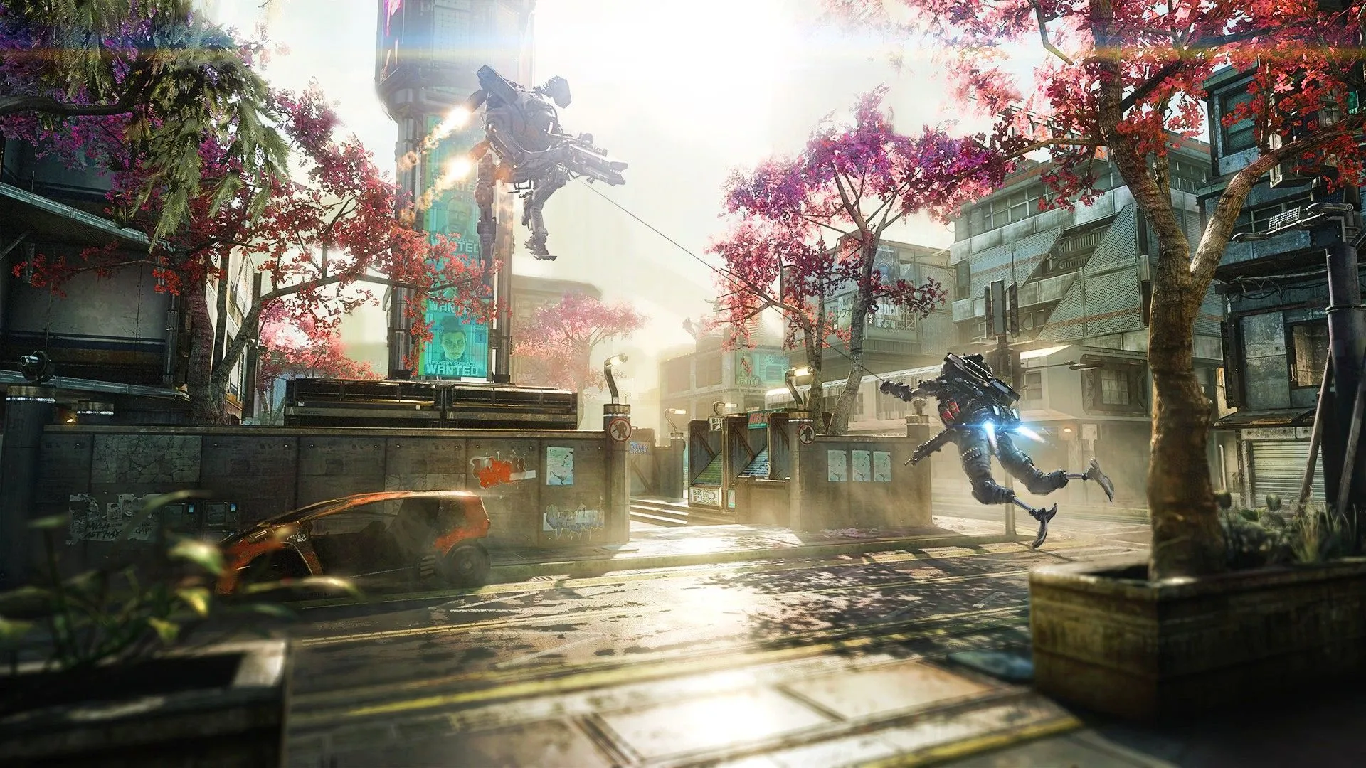 Hai người chơi gắn cáp bay gần nhau, thể hiện lối chơi parkour tốc độ cao trong Titanfall 2.