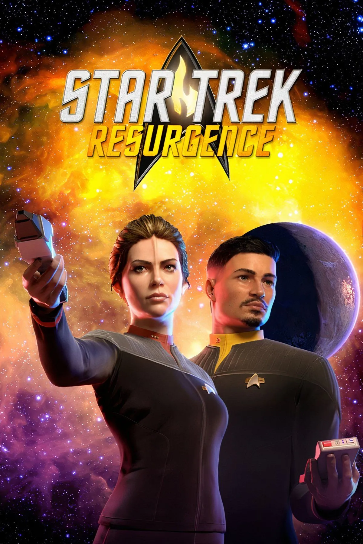 Hai nhân vật Starfleet, một nữ và một nam, đang đứng trên cầu tàu của phi thuyền USS Resolute trong game Star Trek: Resurgence