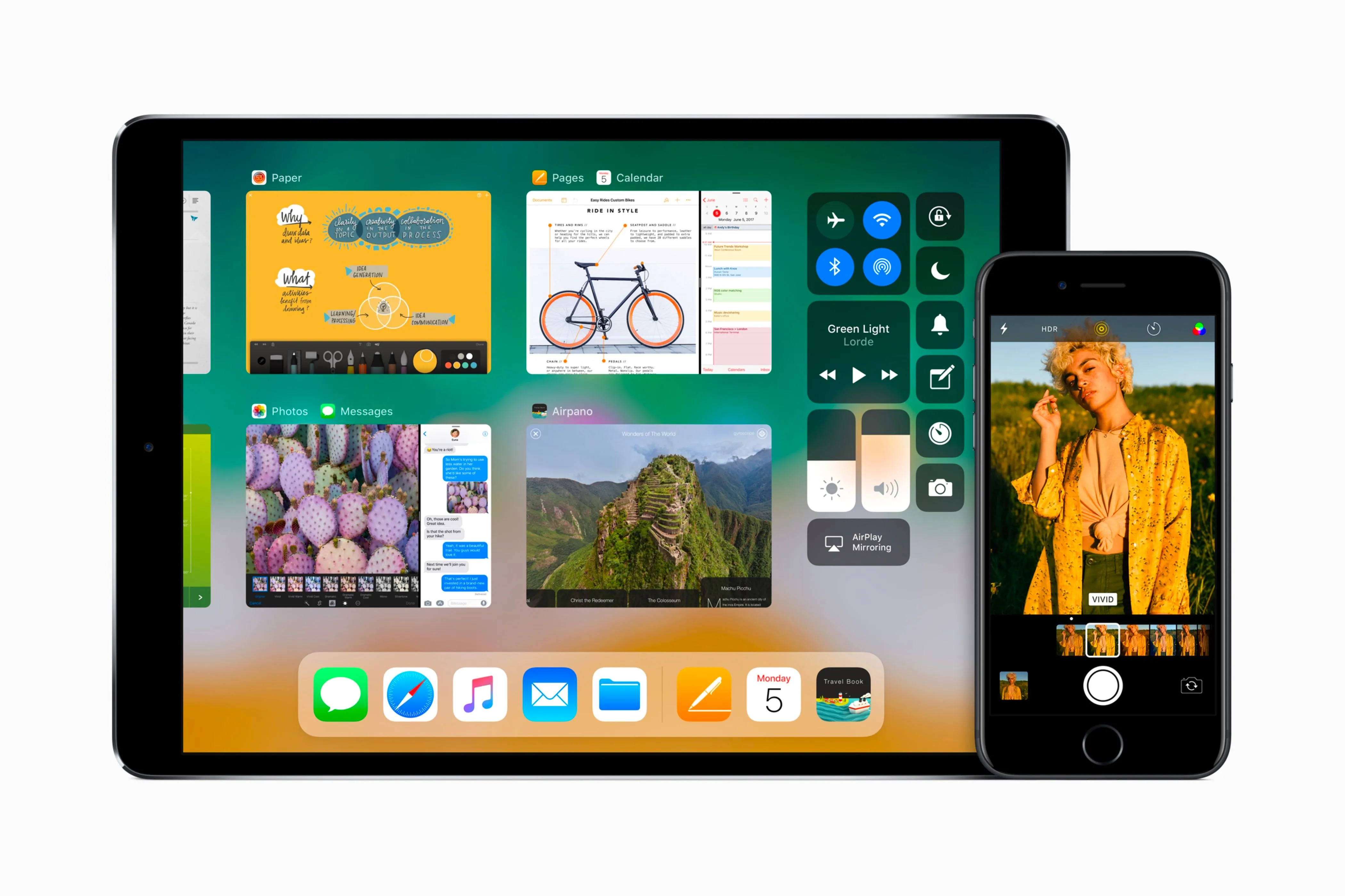 Hệ điều hành iOS 11 hiển thị trên iPad và iPhone với giao diện quen thuộc