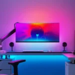 Hệ thống PC gaming hiện đại với đèn nền bias lighting phía sau màn hình, tạo không gian chơi game ấn tượng và chuyên nghiệp.