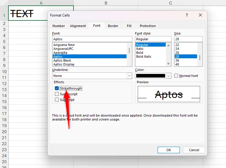 Hiệu ứng gạch ngang chữ (strikethrough) được kích hoạt trong hộp thoại Format Cells của Microsoft Excel.